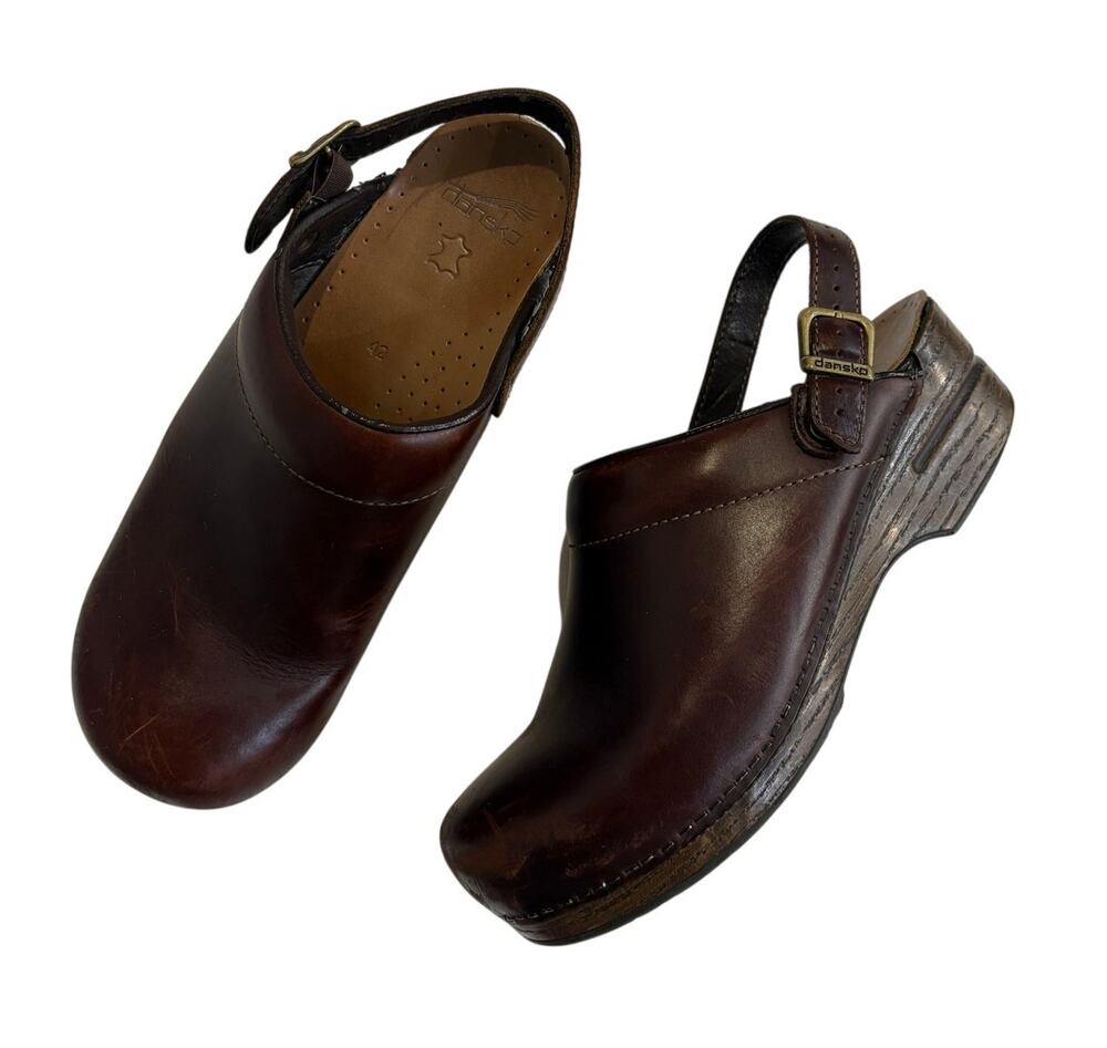 Dansko Leather Clogs Slip On Brown Womens 42 US 11-12 Adjustable Back Strap - Picture 1 of 14